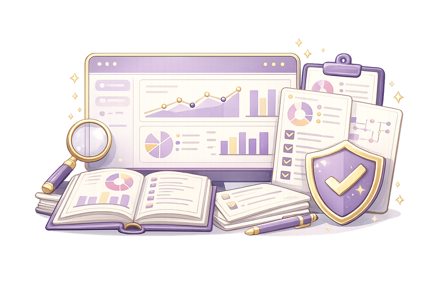 Illustrated secure website dashboard with reports and a shield