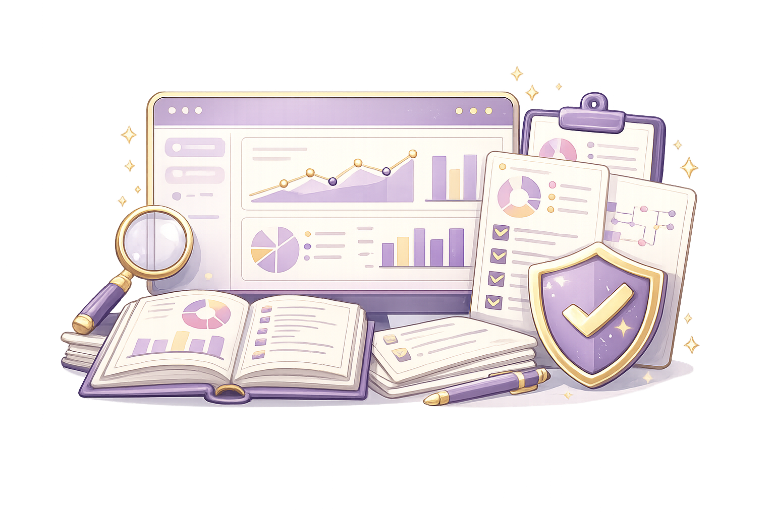 White-label agency support illustration with SEO reports, dashboards, and technical cleanup notes