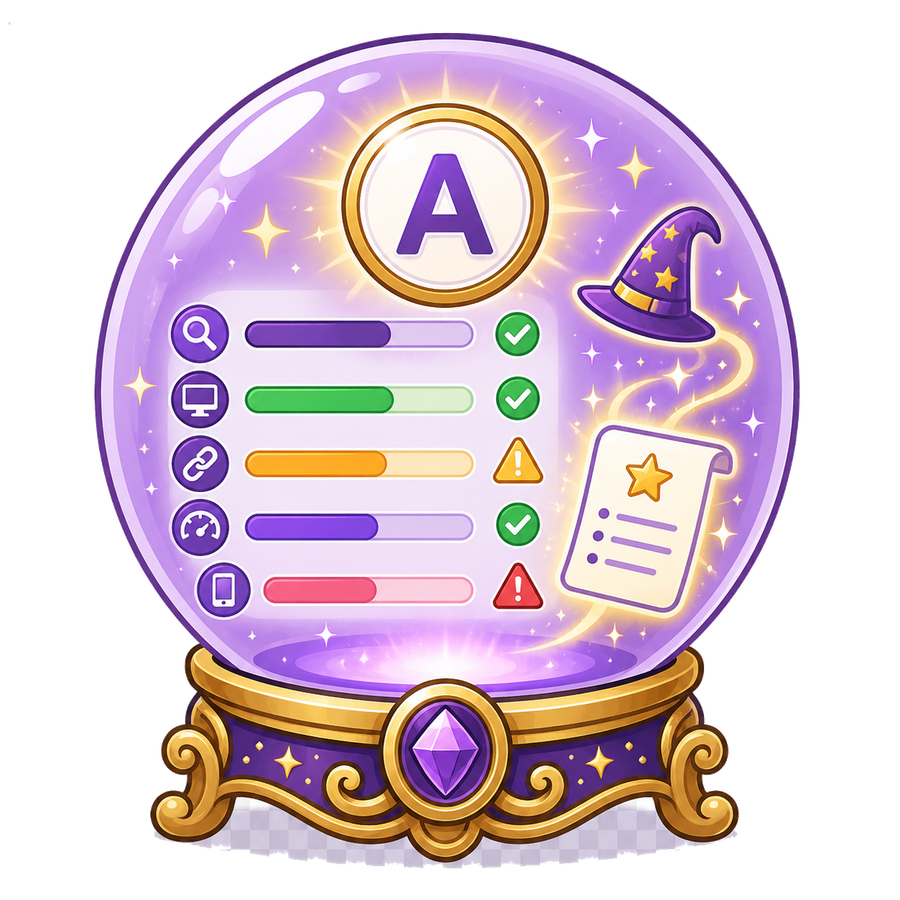 SEO audit report card crystal ball illustration for SEO optimization