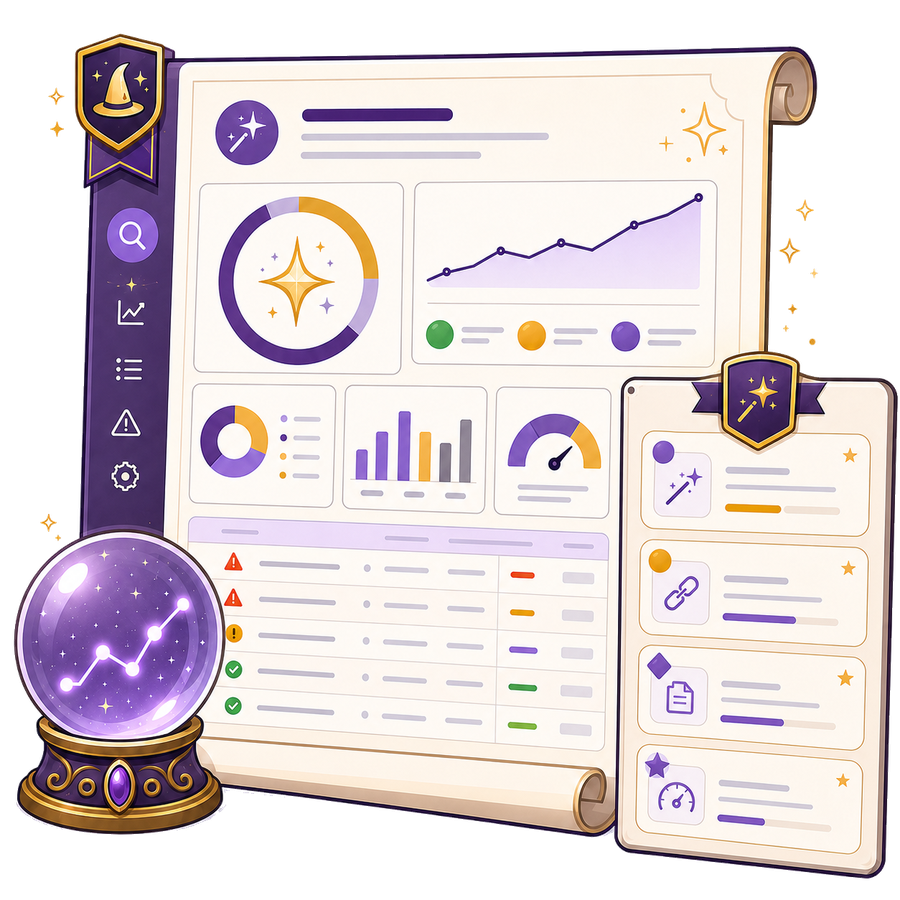 Illustrated SEO audit report with charts and prioritized findings