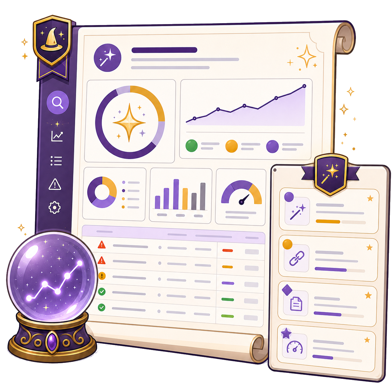 SEO Crystal Ball report preview illustration with audit charts and priority findings