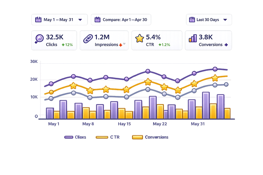 SEO Graph Wizard multi-metric reporting dashboard illustration