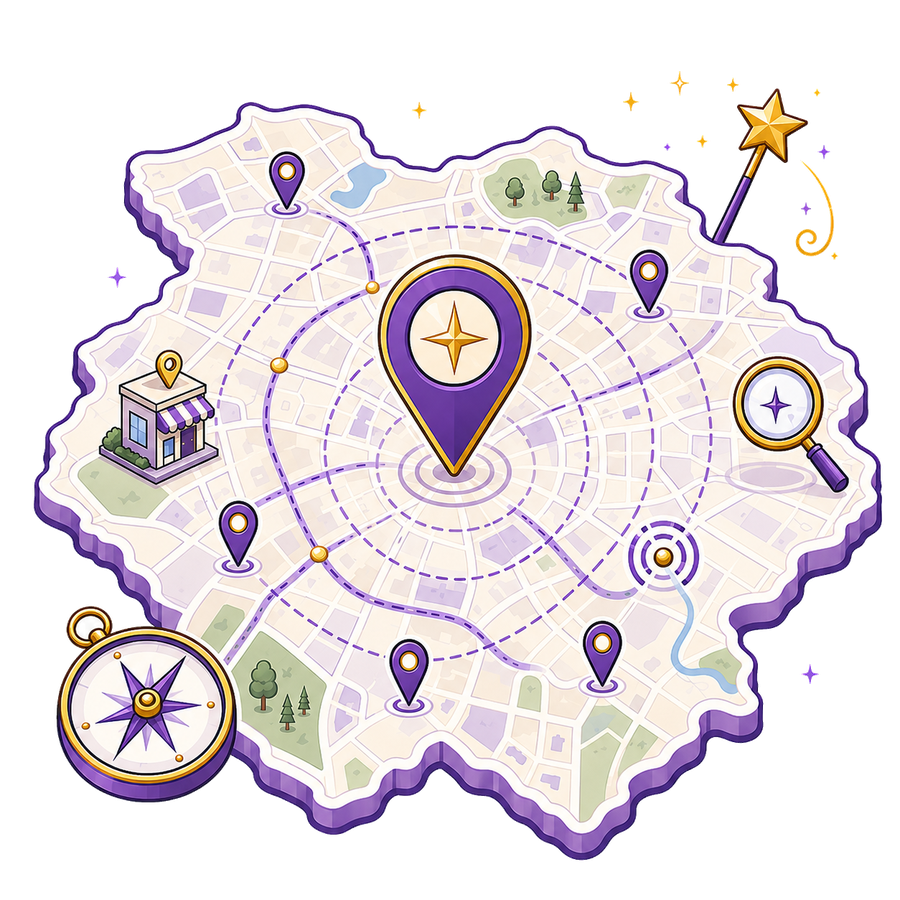 Illustrated map representing local SEO signals for Maine businesses