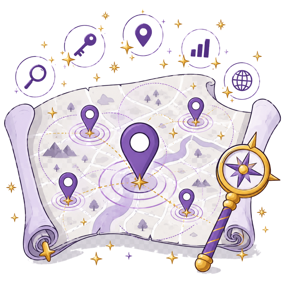 Local SEO map illustration with service-area pins and keyword signals