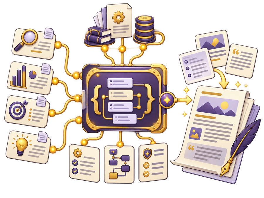 Structured content workflow engine connecting research, brand context, outlines, checks, and a reviewed article