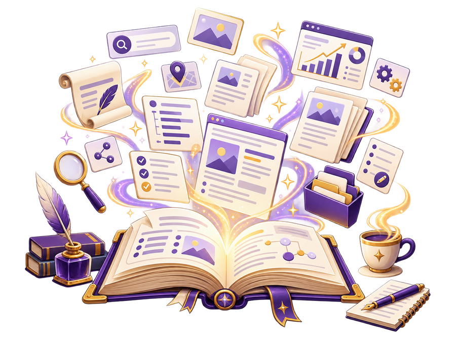 Enchanted SEO Content Wizard workspace organizing research, outlines, drafts, and editorial checks