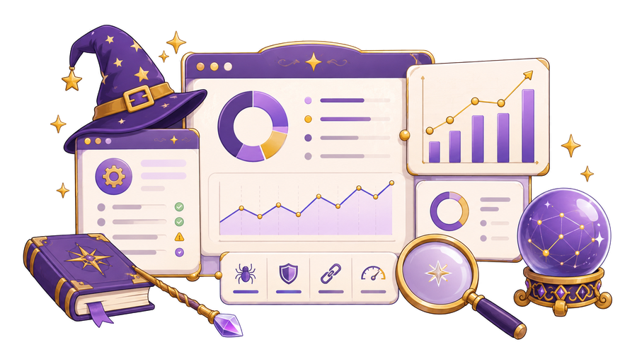 Illustration of SEO dashboards, reporting charts, technical checks, and search tools for service planning