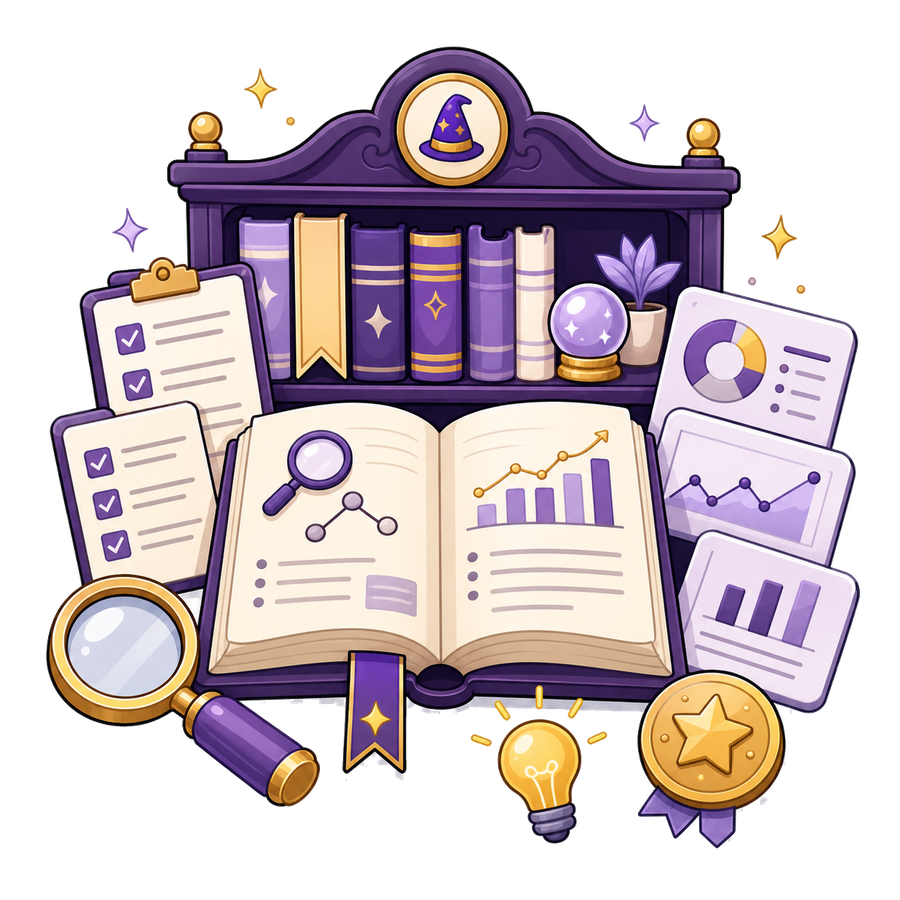 SEO education library illustration with books, audit notes, charts, and research tools