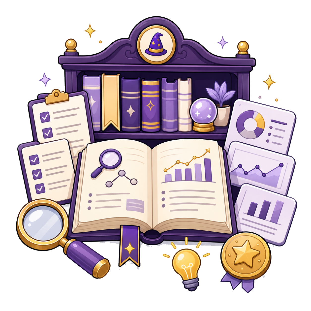 SEO education library illustration with books, audit notes, charts, and research tools
