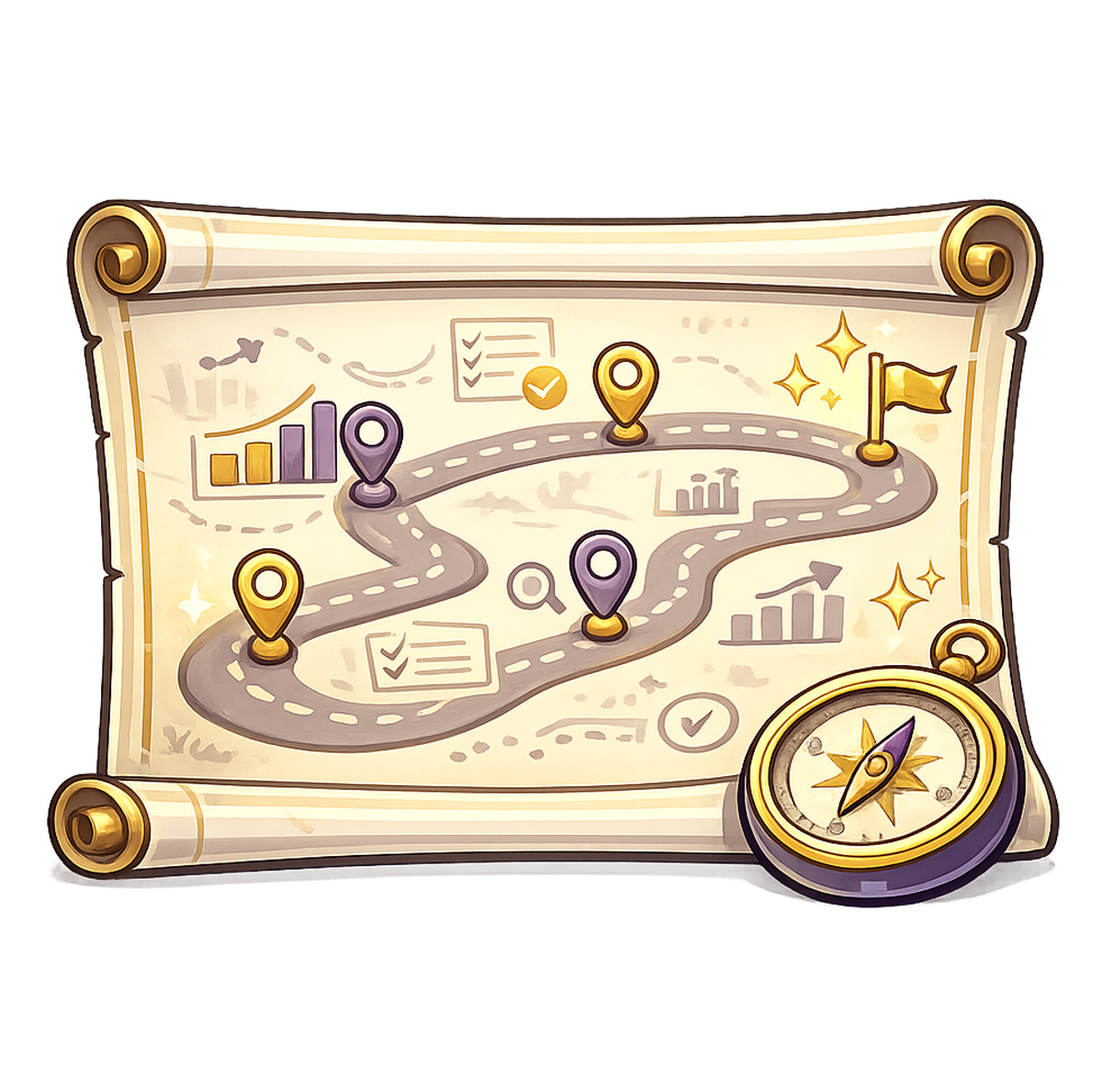 Illustration of an SEO roadmap path with milestones, checklists, and technical planning symbols