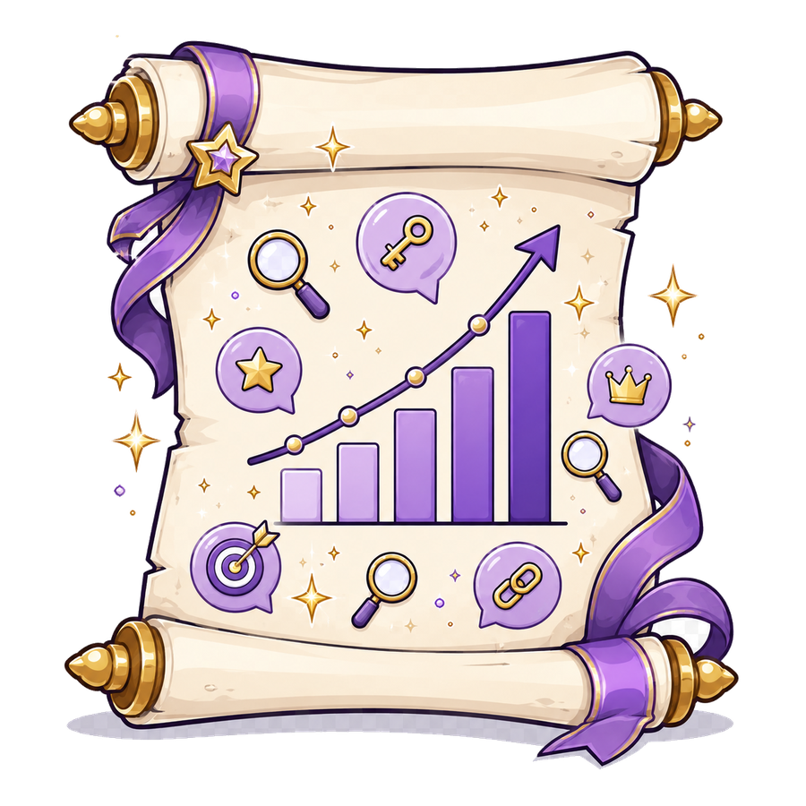 SEO services scroll illustration with search and reporting symbols