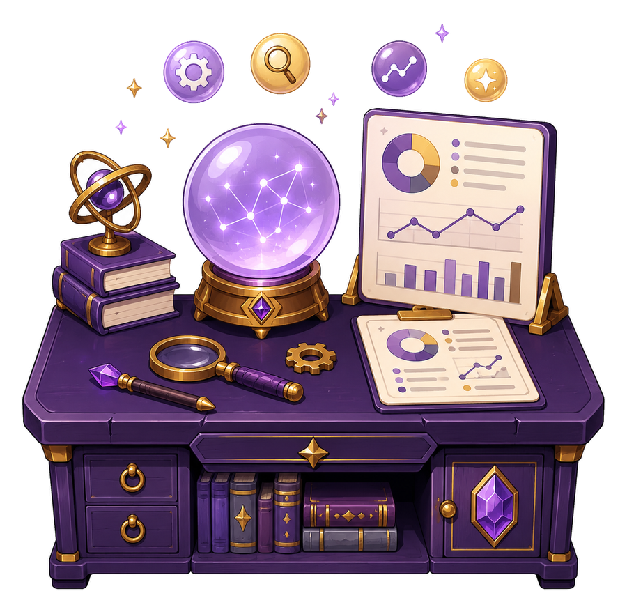 Illustration of enchanted SEO tools representing audits, schema, reporting, and local SEO